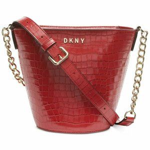 DKNY Kim Croc Embossed Chain Leather Bucket Bag